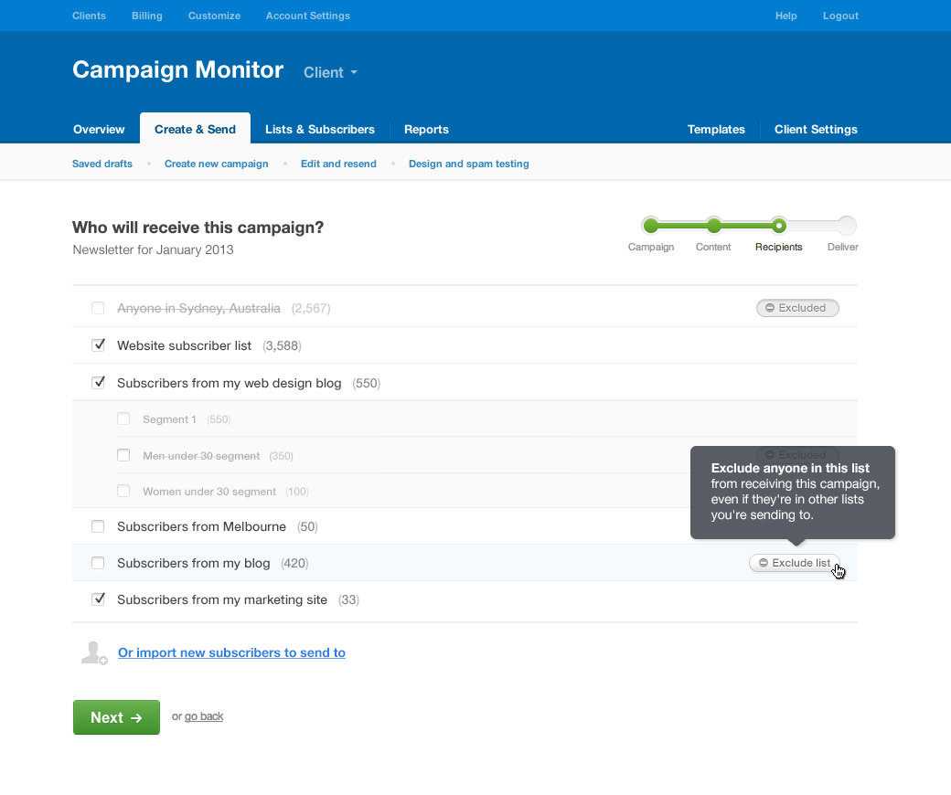 Exclude subscribers user interface