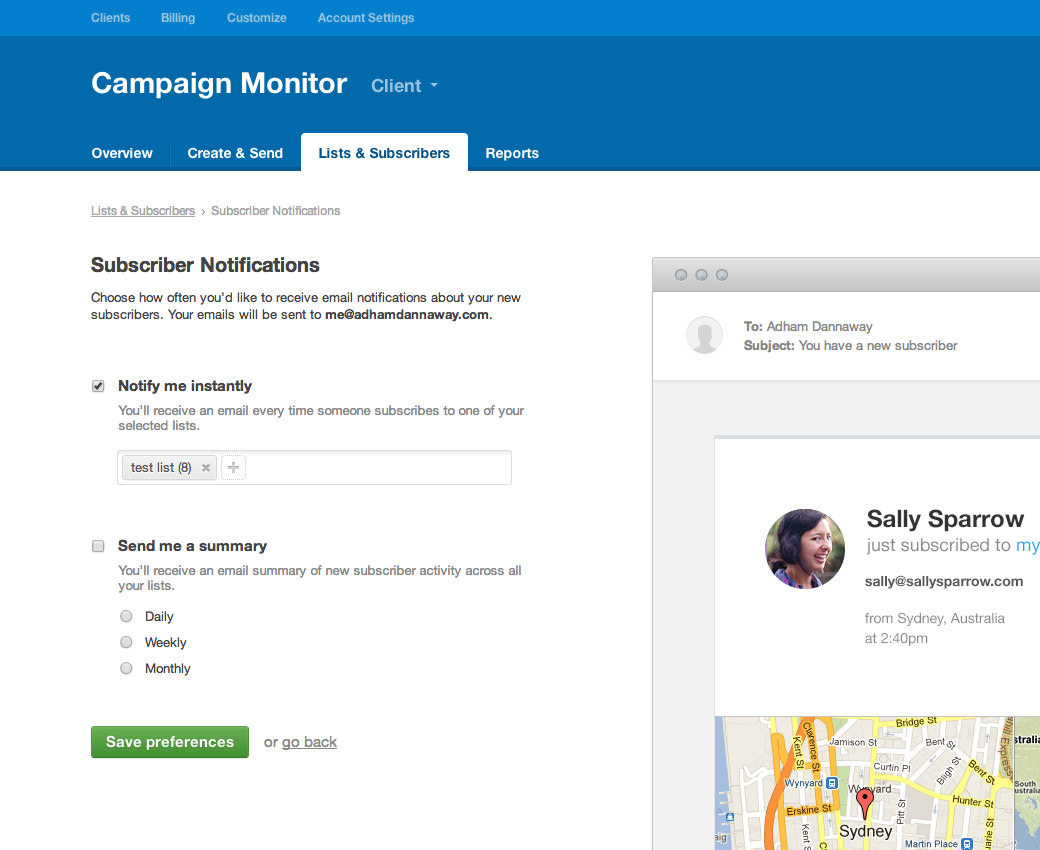 subscriber notification user interface