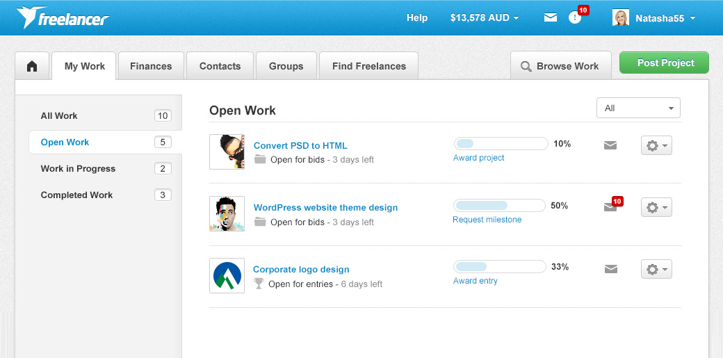 work listings user interface