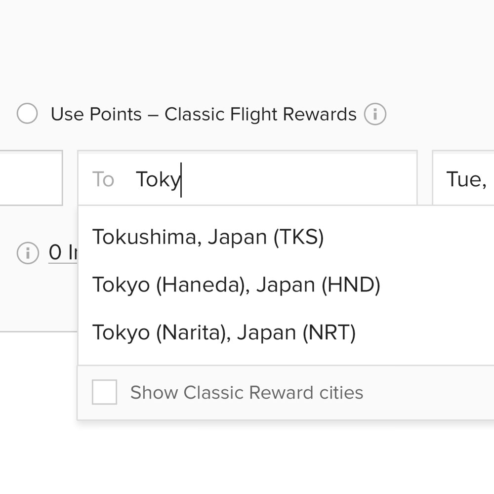 new flight search form drop down