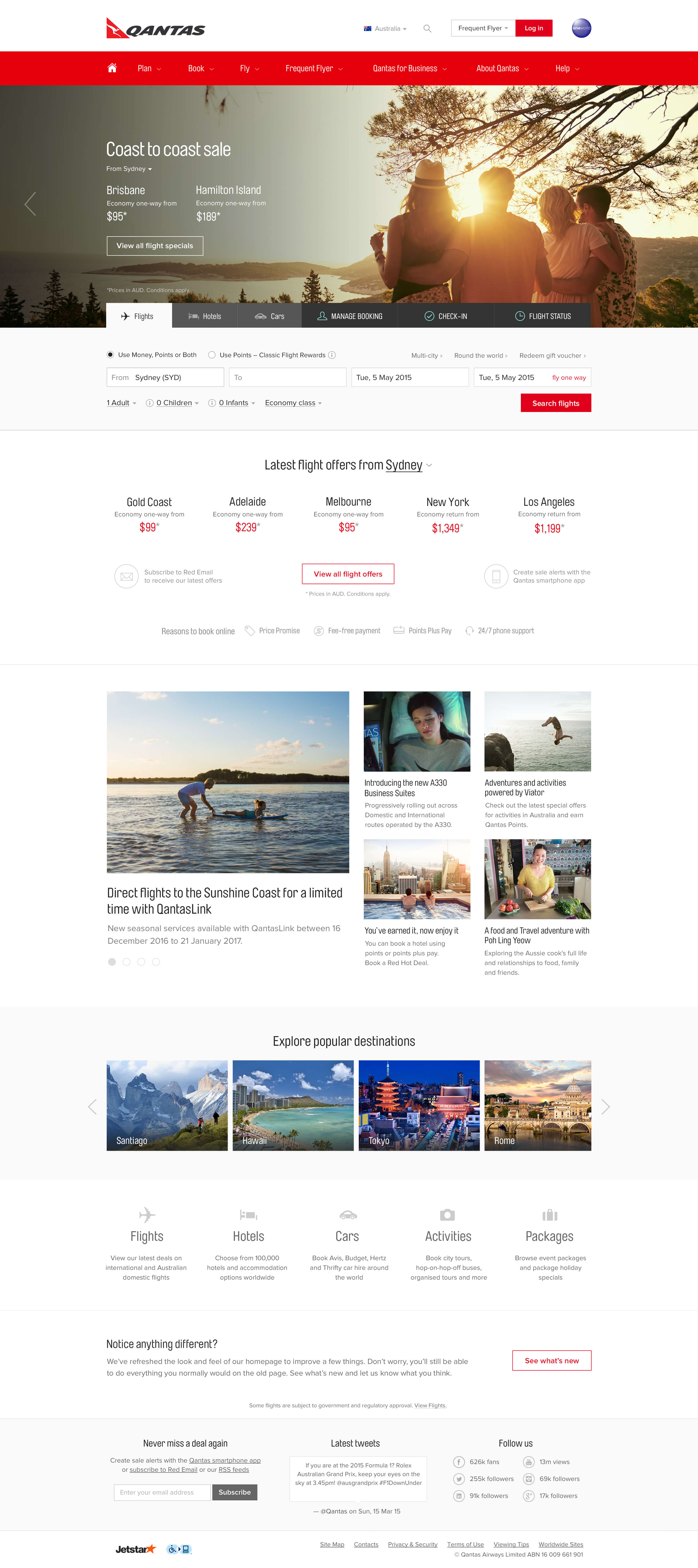 Qantas homepage 2015
