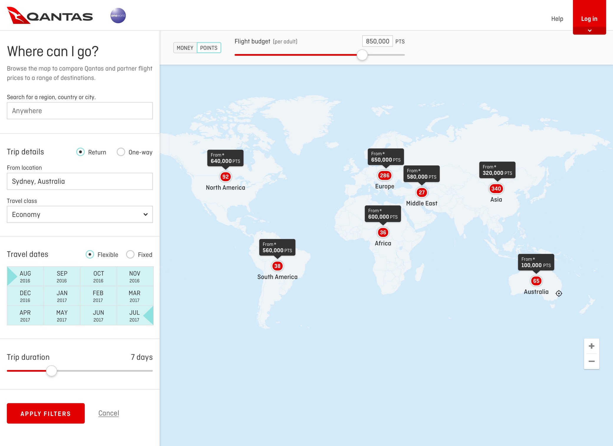qantas map search filters design