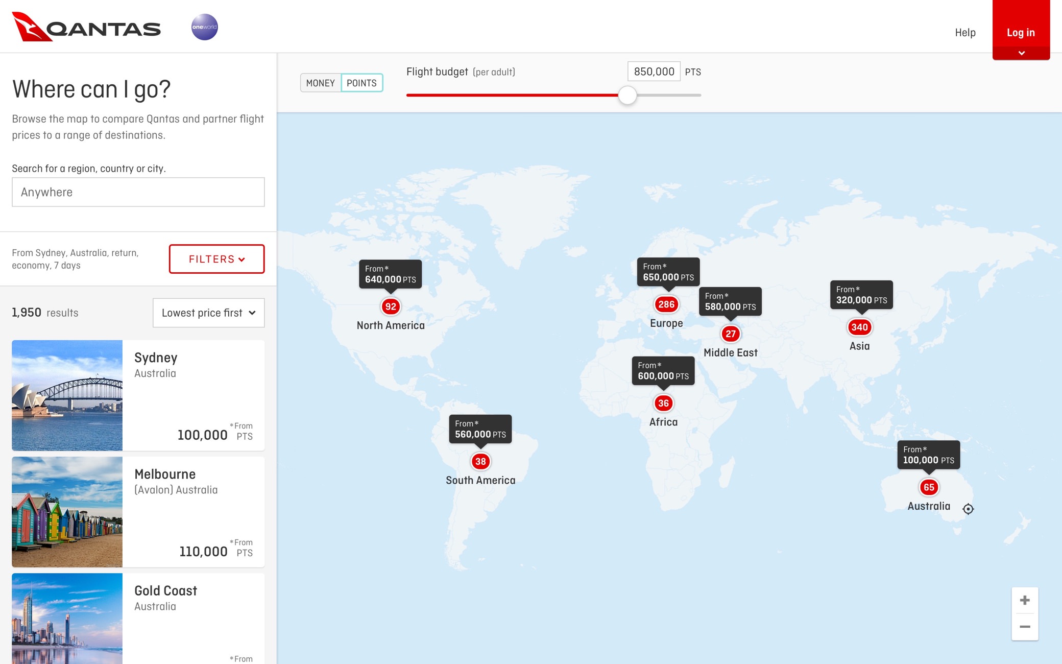 Qantas map search design