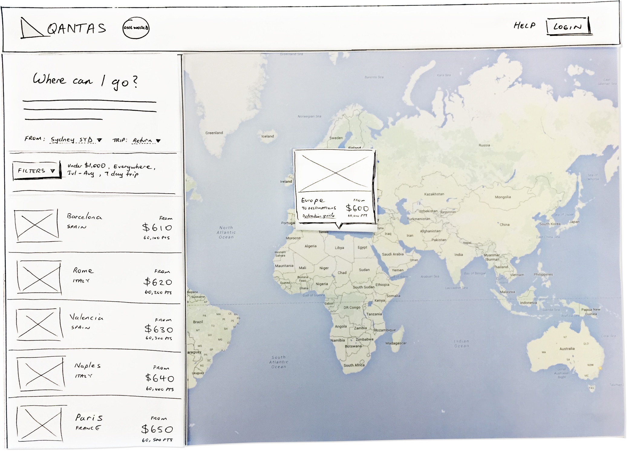 qantas map search home screen sketch