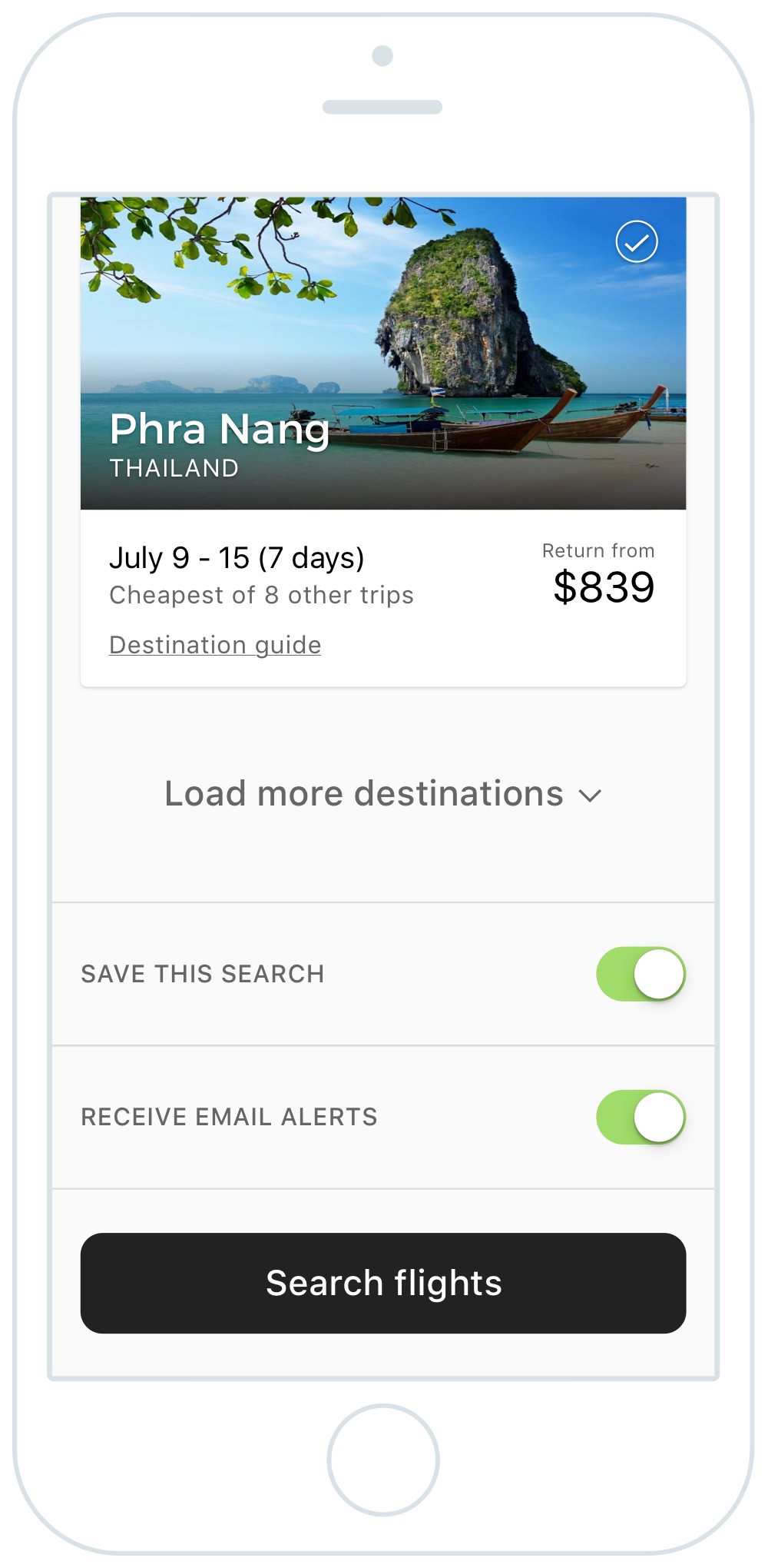 Flight search concept destination list