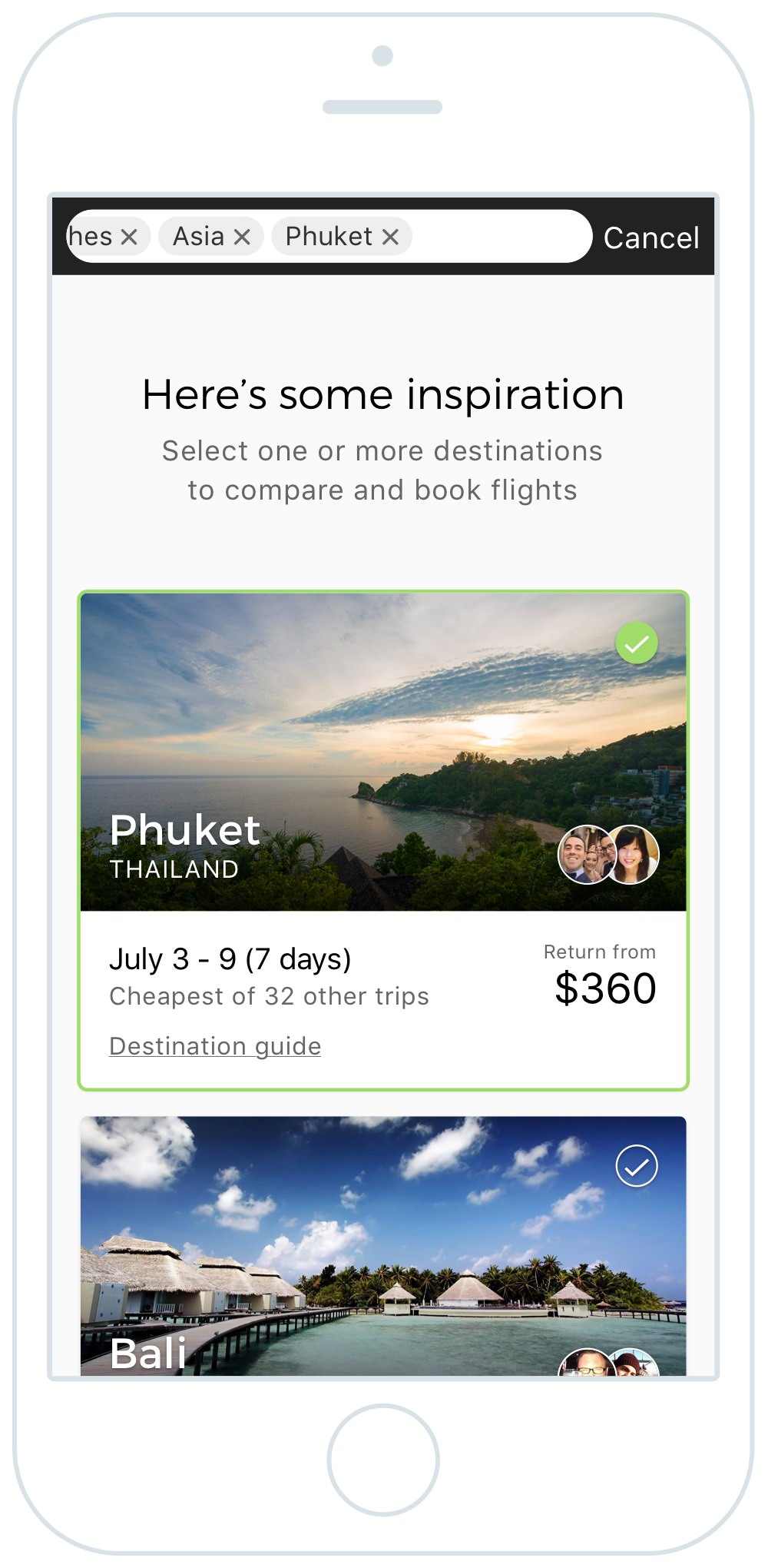 Flight search concept destination list